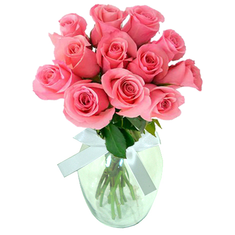 Vaso com  12 Rosas rosa ou Rosa Pink 
