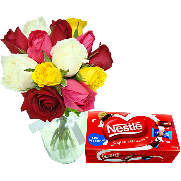 Vaso com 12 rosas coloridas com Chocolate